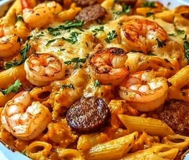 Louisiana Shrimp and Sausage Pasta Bake
