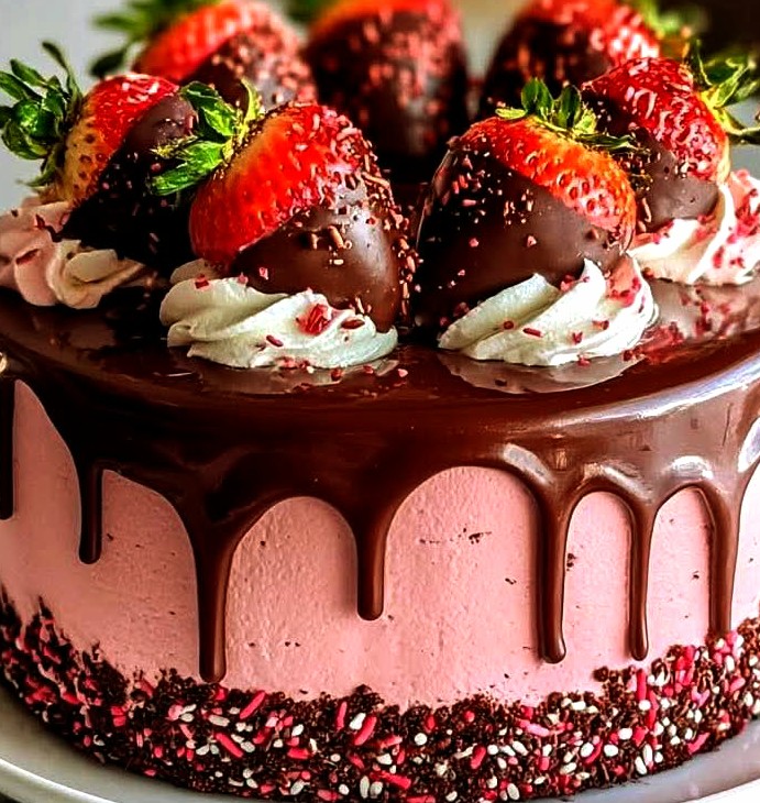 Chocolate-Dipped Strawberry Mousse Cake