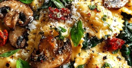 Cheesy Ravioli with Spinach, Mushrooms & Sun-Dried Tomatoes