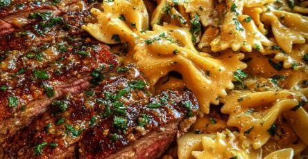 Cheesy Steak and Bowtie Pasta in Garlic Butter Provolone Cream