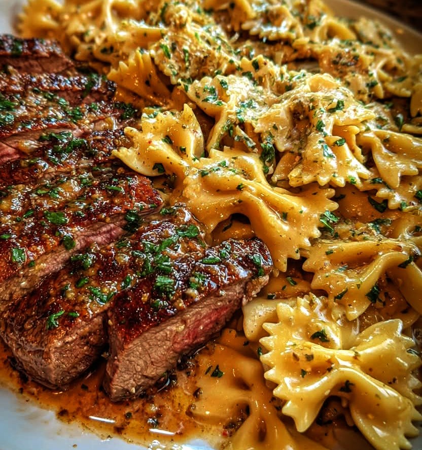 Cheesy Steak and Bowtie Pasta in Garlic Butter Provolone Cream