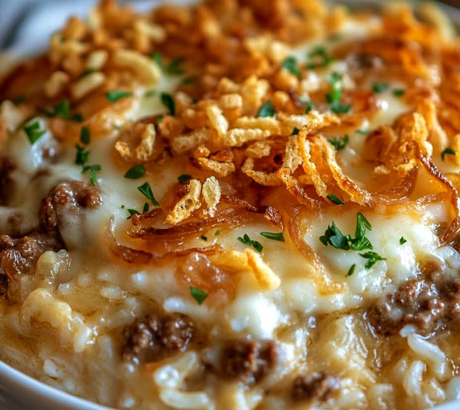 French Onion Ground Beef and Rice Casserole