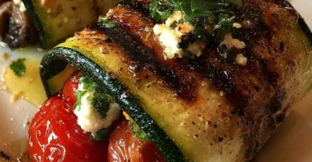 Grilled Zucchini Rollups with Feta, Olives & Cherry Tomatoes