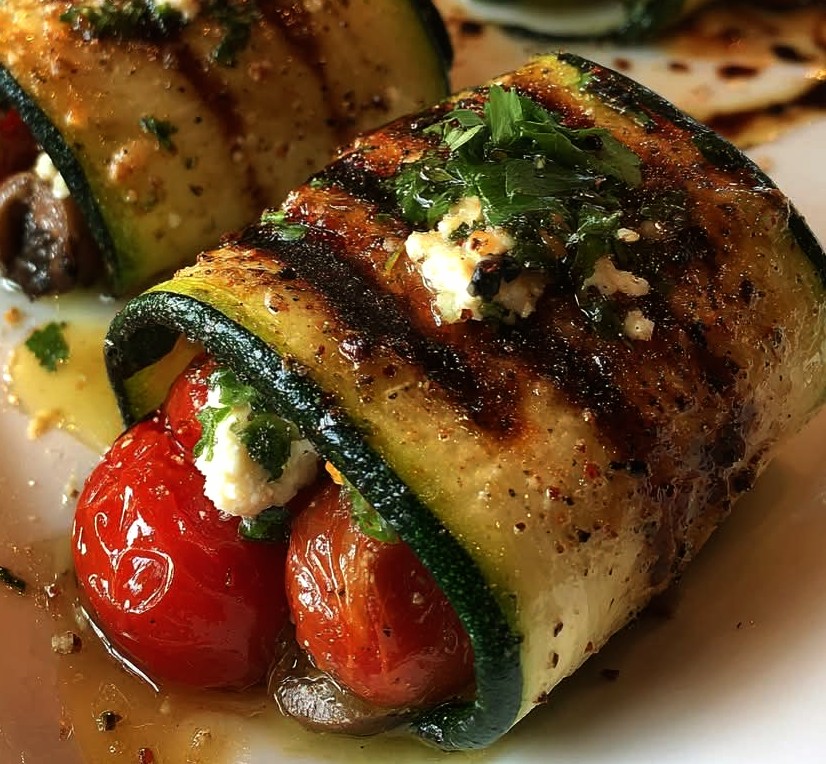 Grilled Zucchini Rollups with Feta, Olives & Cherry Tomatoes