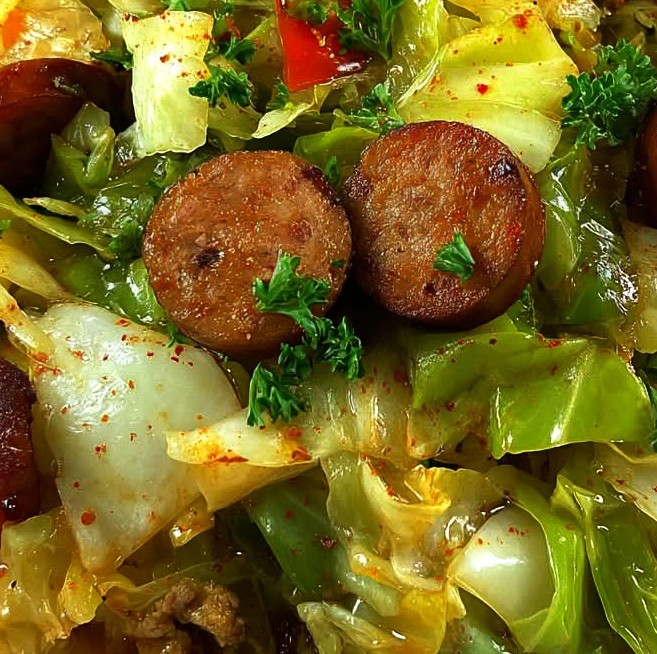 Dirty Cabbage with Smoked Turkey Sausages