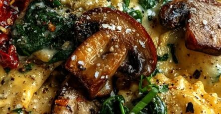 Cheesy Ravioli with Spinach, Mushrooms & Sun-Dried Tomatoes