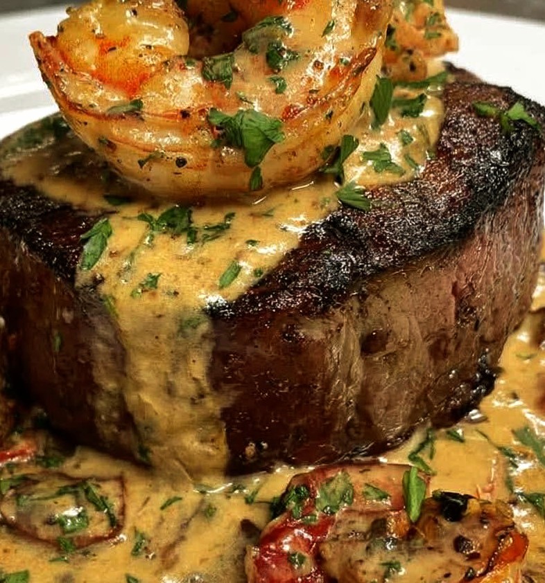 Filet Mignon with Grilled Shrimp & Lobster Sauce Filet Mignon with Grilled Shrimp & Lobster Sauce