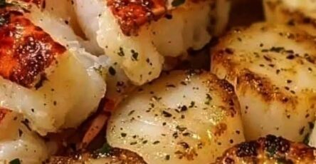 GARLIC BUTTER LOBSTER AND SCALLOPS WITH LEMON ORZO