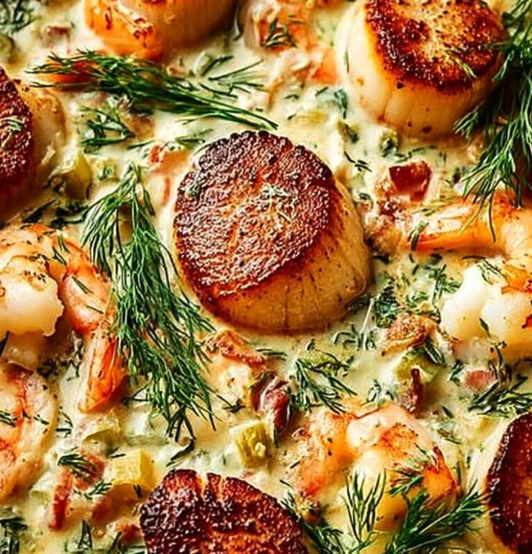 Creamy Seafood Chowder with Seared Scallops, Celery & Garlic Creamy Seafood Chowder with Seared Scallops, Celery & Garlic