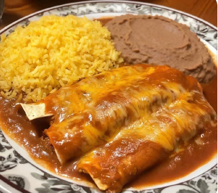 Cheesy Enchiladas with Chile Con Carne, Mexican Rice Cheesy Enchiladas with Chile Con Carne, Mexican Rice