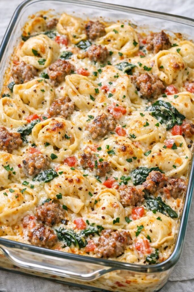 Creamy Ground Beef Alfredo Tortellini Bake (Easy One-Pan Dinner)