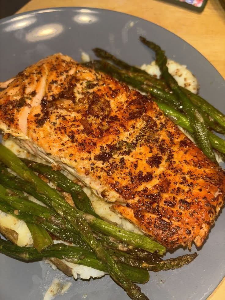 Stuffed Salmon Over Rice and Grilled Asparagus