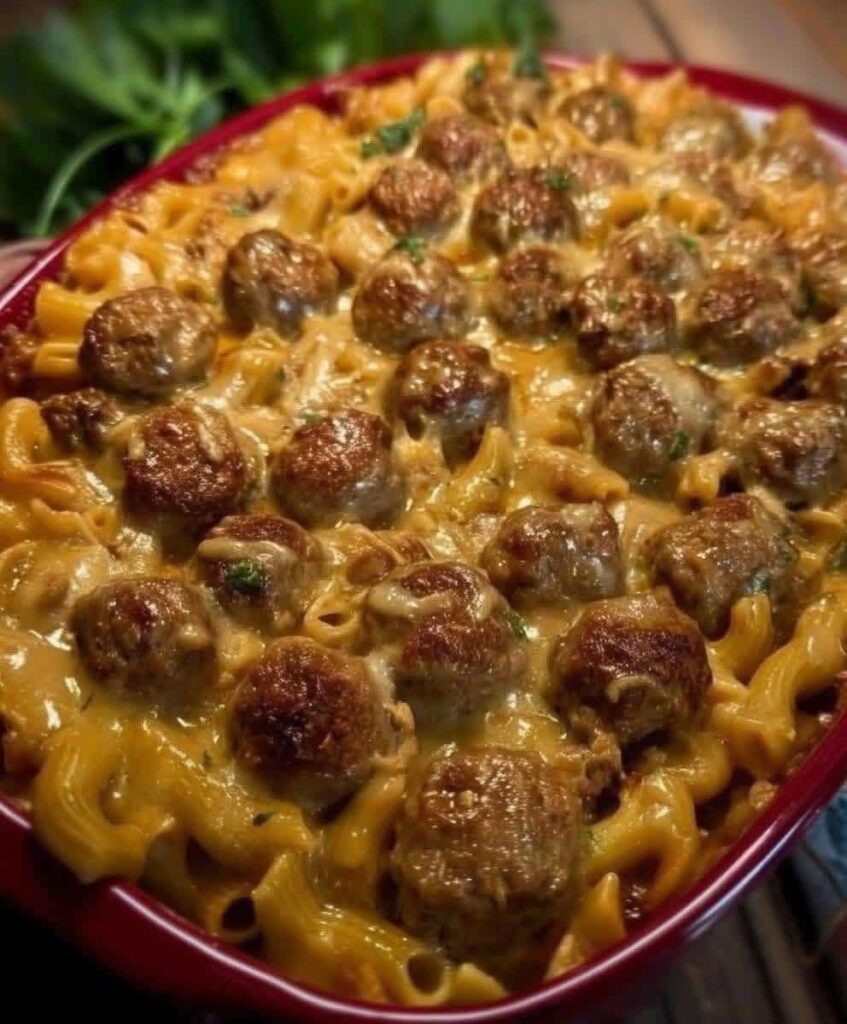 Creamy Cheesy Ground Beef & Meatball Pasta Bake