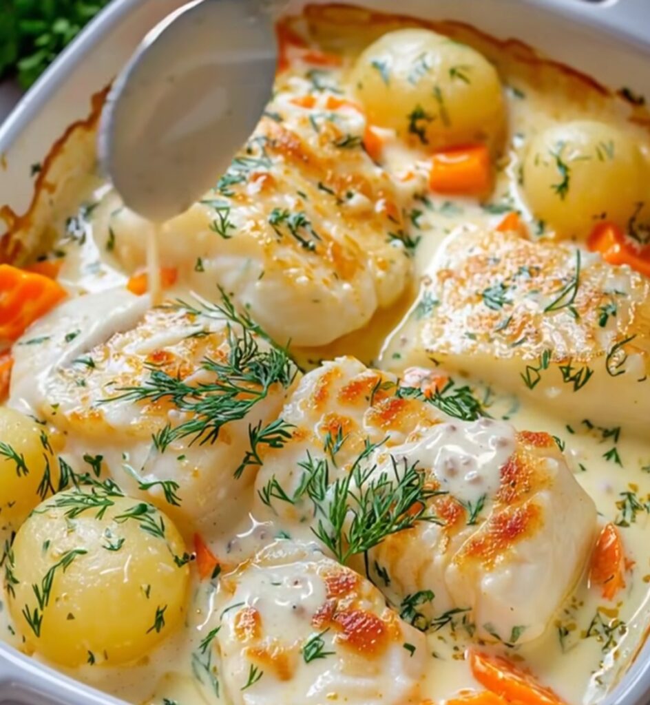 Oven baked white fish in a creamy garlic butter sauce with tender potatoes and carrots