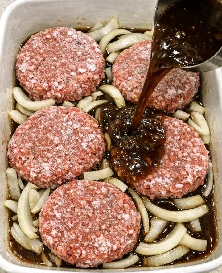 Easy Oven Beef Patty Bake with Onion Gravy