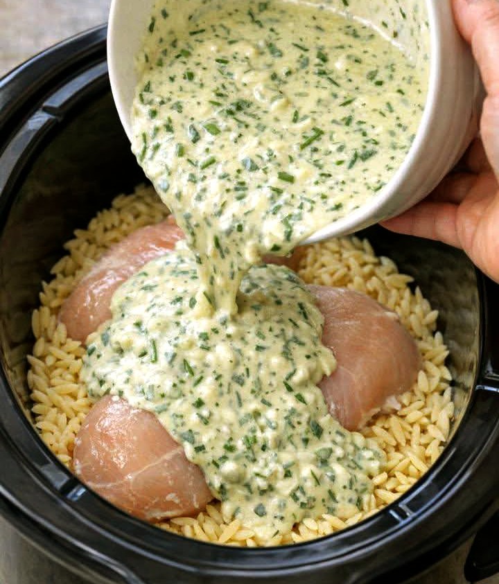 Easy Slow Cooker Creamy Herb Chicken Orzo Recipe