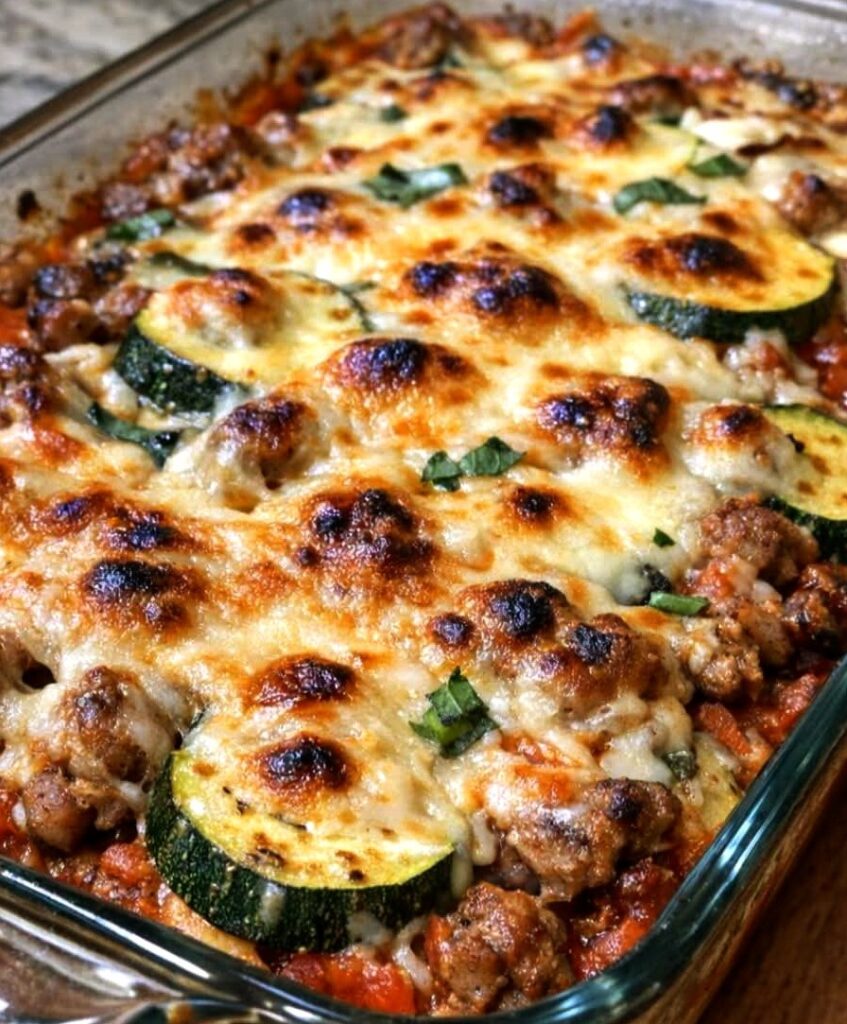 Oven Baked Cheesy Italian Sausage Zucchini Bake