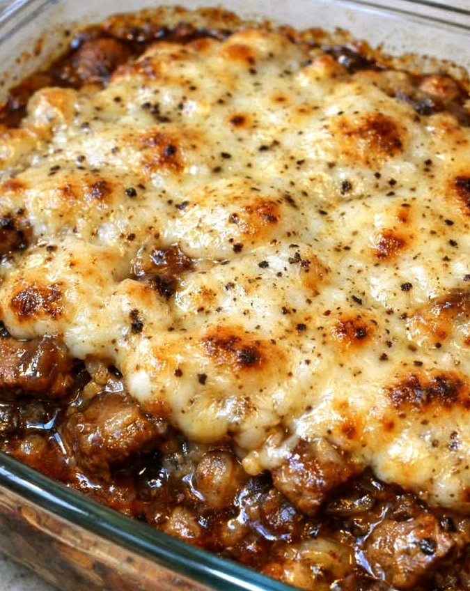 Flag Day Ground Beef Casserole with Creamy Mushroom Topping